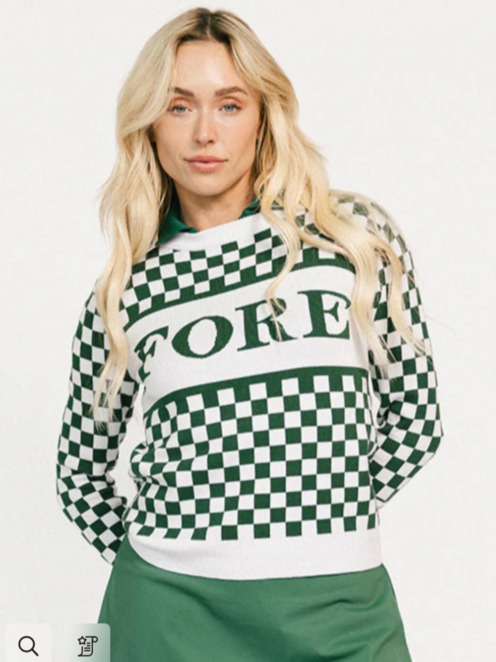 Green and White Checker Knit Crew Neck Sweater